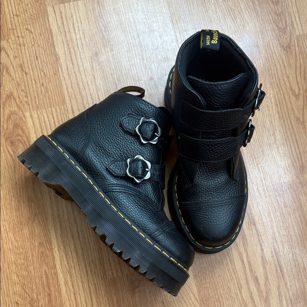 Dr. Martens Devon Flower Black Buckle Platform Boots